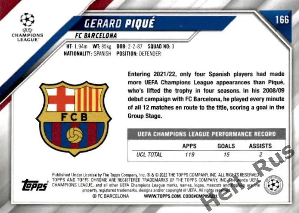 Футбол. Карточка Жерар Пике Барселона, Манчестер Юнайтед Лига Чемпионов 2021-22 1
