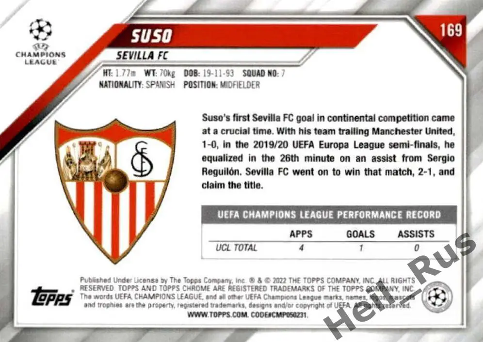 Футбол. Карточка Suso/Сусо Севилья, Милан/Ливерпуль Лига Чемпионов 2021-22 TOPPS 1