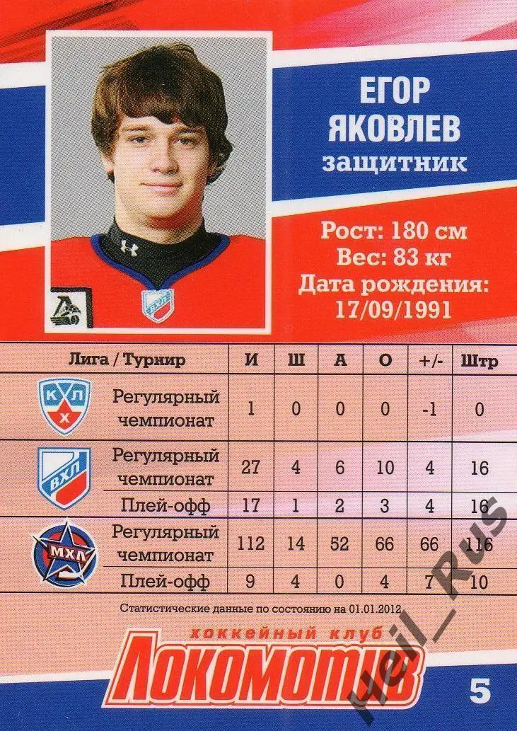Хоккей. Карточка Егор Яковлев (Локомотив Ярославль) ВХЛ/МХЛ/КХЛ сезон 2011/12 1