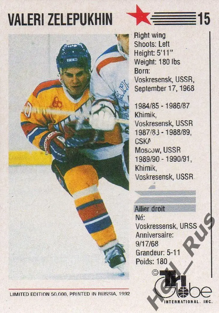 Хоккей. Карточка Валерий Зелепукин Химик Воскресенск, ЦСКА, СКА, Ак Барс 1992/93 1