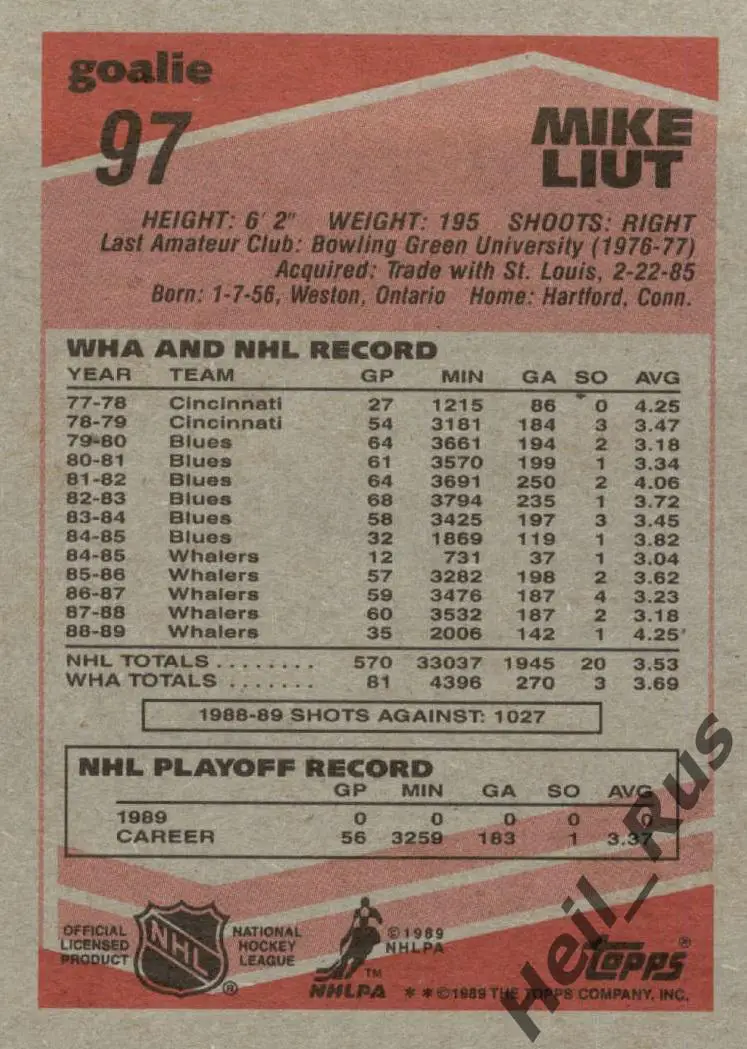Хоккей. Карточка Mike Liut/Майк Льют (Hartford Whalers/Хартфорд Уэйлерс) НХЛ/NHL 1