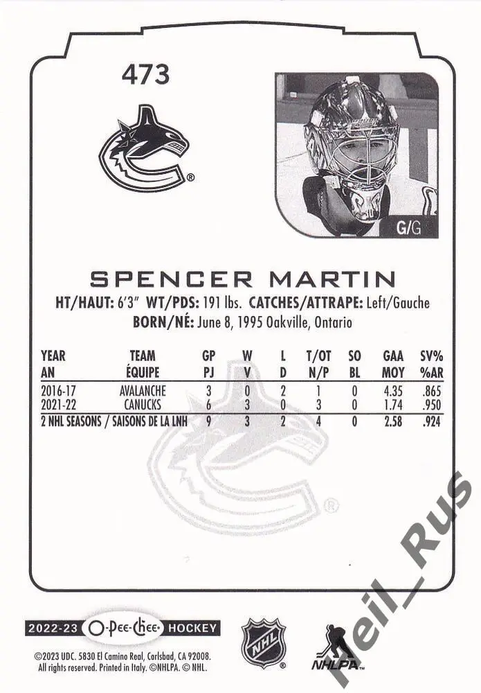Карточка Spencer Martin/Спенсер Мартин Vancouver Canucks/Ванкувер, ЦСКА НХЛ/КХЛ 1