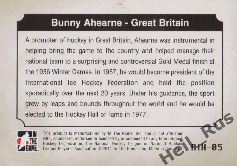 Хоккей. Карточка Bunny Ahearne/Джон Фрэнсис Банни Ахерн (Великобритания) НХЛ/NHL 1