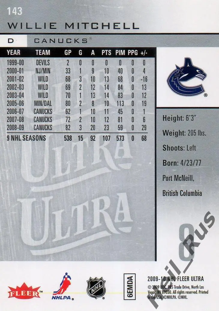 Хоккей Карточка Willie Mitchell/Уилли Митчелл Vancouver Canucks/Ванкувер НХЛ/NHL 1