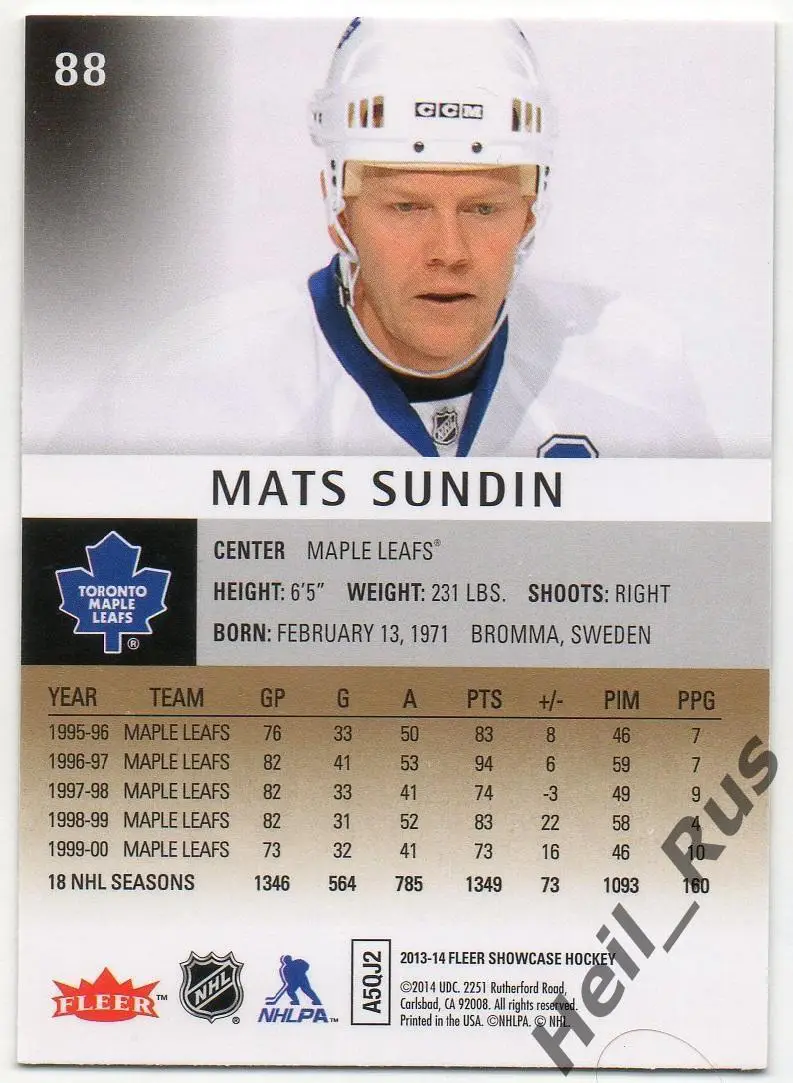Хоккей; Карточка Mats Sundin/Матс Сундин (Toronto Maple Leafs/Торонто) НХЛ/NHL 1