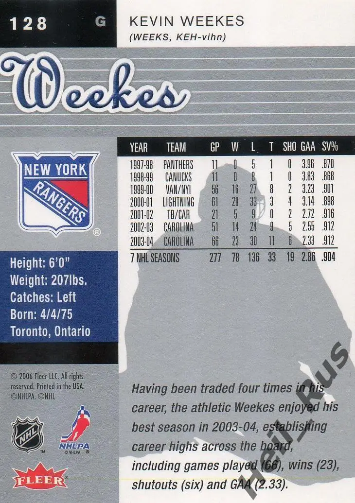 Карточка Kevin Weekes/Кевин Уикс (New York Rangers/Нью-Йорк Рейнджерс) НХЛ/NHL 1