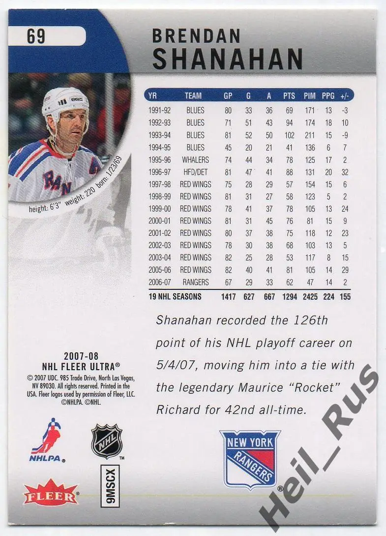Карточка Brendan Shanahan/Брендан Шэнахэн (New York Rangers/Рейнджерс) НХЛ/NHL 1