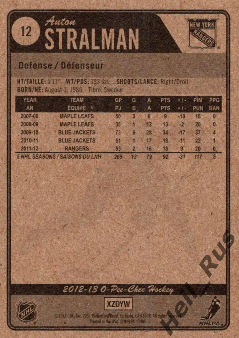 Хоккей Карточка Anton Stralman/Антон Строльман New York Rangers/Нью-Йорк НХЛ/NHL 1