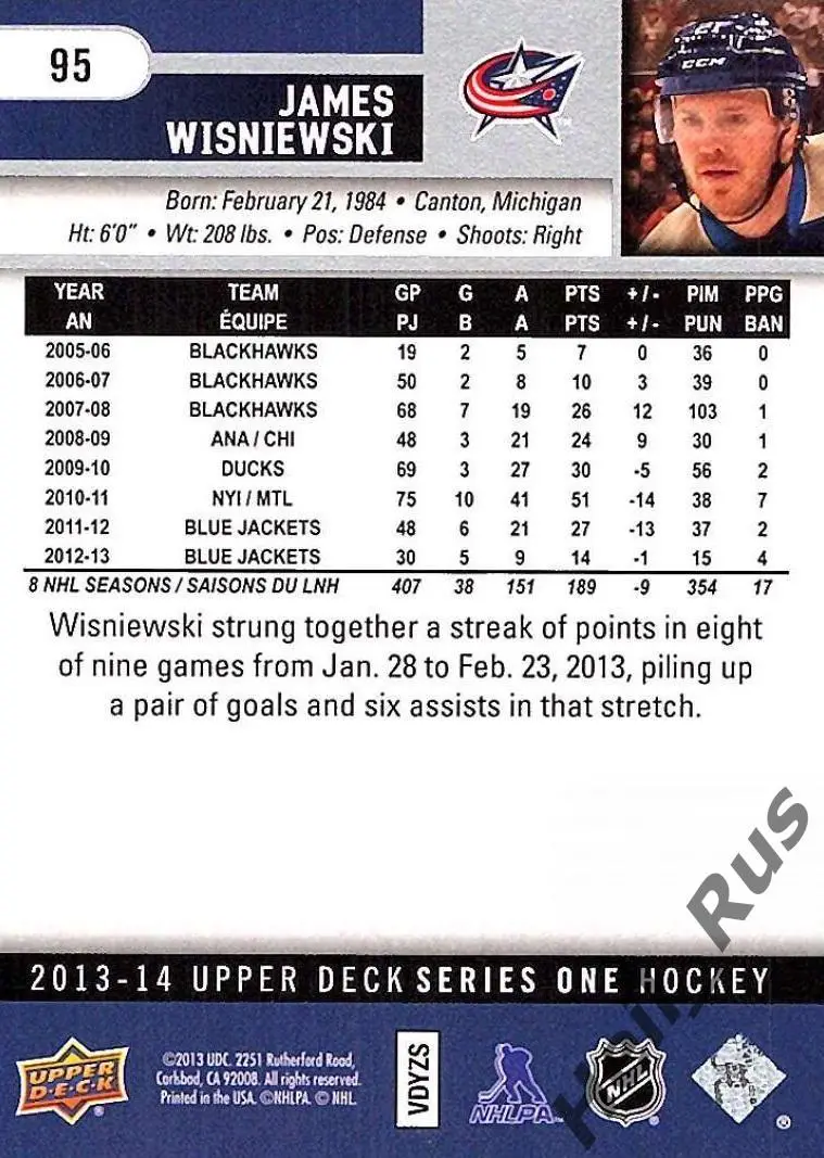Карточка Джеймс Висневский Columbus Blue Jackets/Коламбус, Адмирал НХЛ/NHL/КХЛ 1