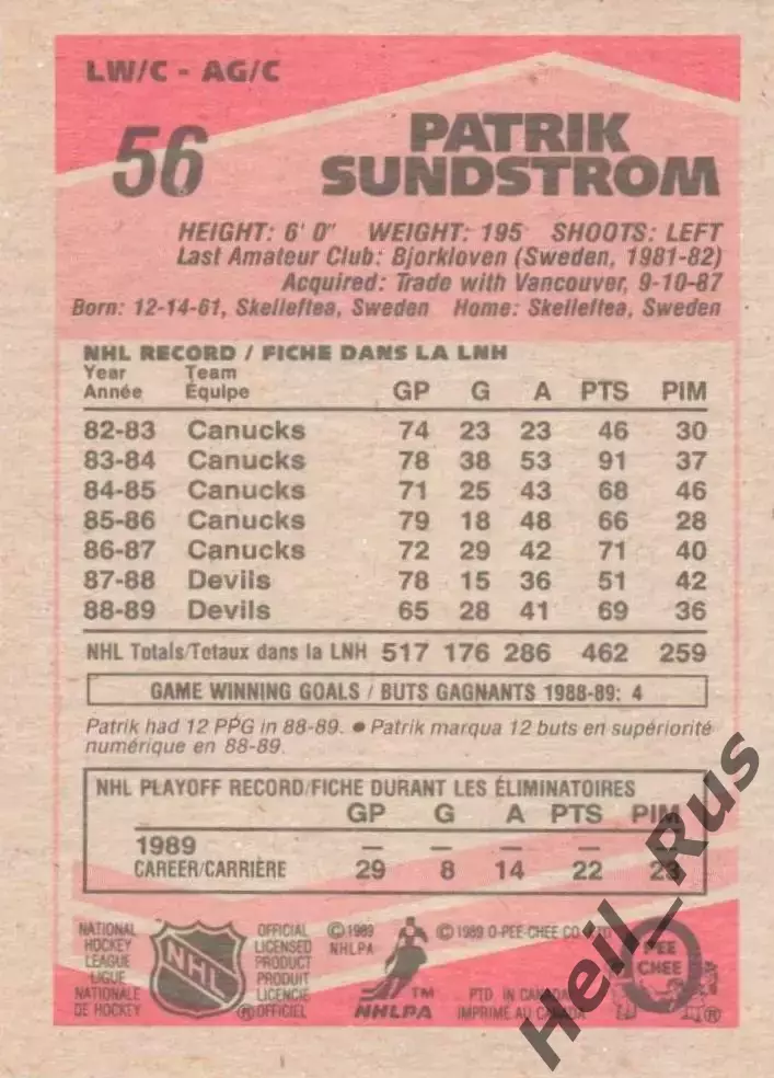 Карточка Patrik Sundstrom/Патрик Сундстрем New Jersey Devils/Нью-Джерси НХЛ, NHL 1