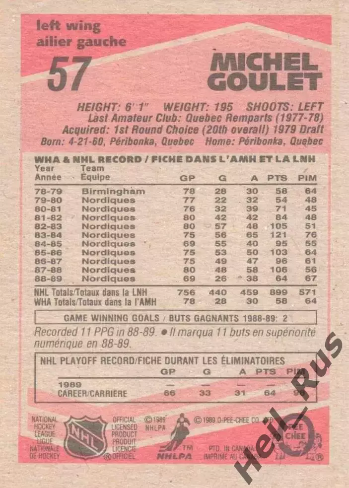 Хоккей. Карточка Michel Goulet/Мишель Гуле (Quebec Nordiques/Квебек) НХЛ/NHL 1