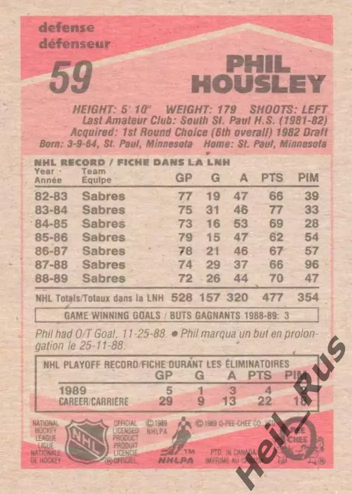 Хоккей Карточка Phil Housley/Фил Хаусли (Buffalo Sabres/Баффало Сейбрз) НХЛ/NHL 1