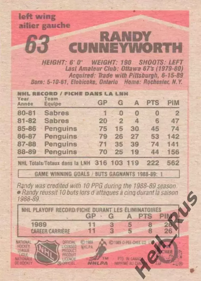 Карточка Randy Cunneyworth/Рэнди Канниворт Winnipeg Jets/Виннипег Джетс НХЛ/NHL 1