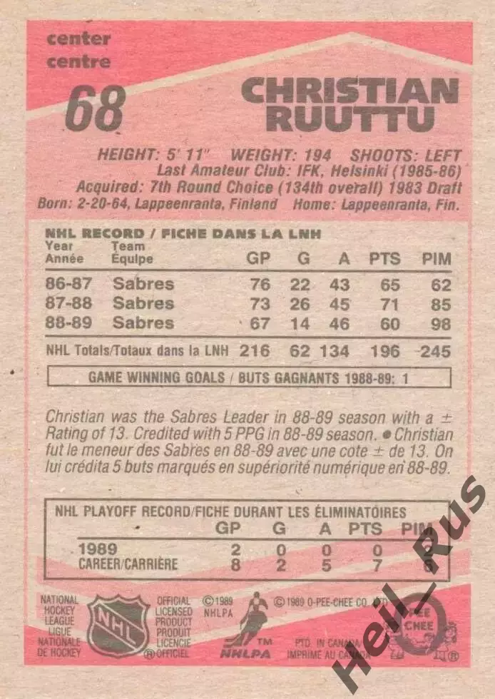 Хоккей. Карточка Christian Ruuttu/Кристиан Руутту Buffalo Sabres/Баффало NHL/НХЛ 1