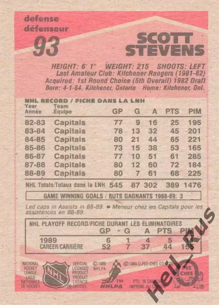 Карточка Scott Stevens/Скотт Стивенс (Washington Capitals/Вашингтон) НХЛ/NHL 1