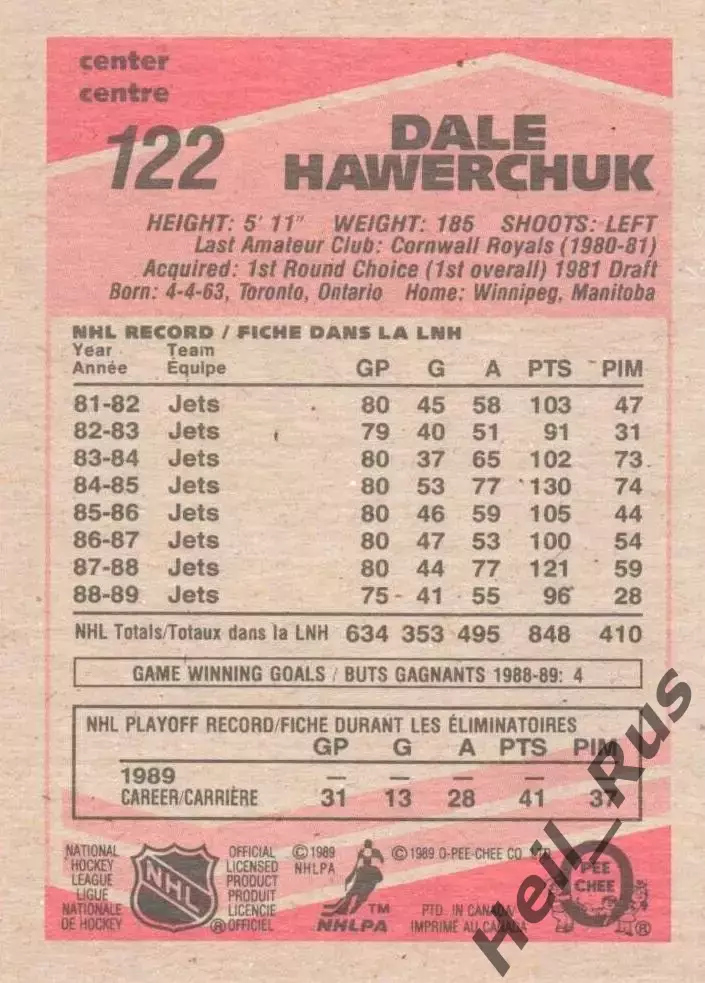 Хоккей. Карточка Dale Hawerchuk / Дэйл Хаверчук (Winnipeg Jets/Виннипег) НХЛ/NHL 1