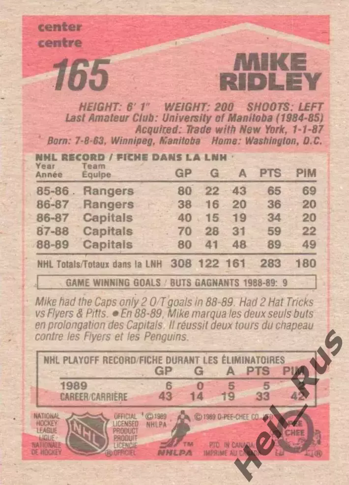 Хоккей Карточка Mike Ridley / Майк Ридли (Washington Capitals/Вашингтон) НХЛ/NHL 1