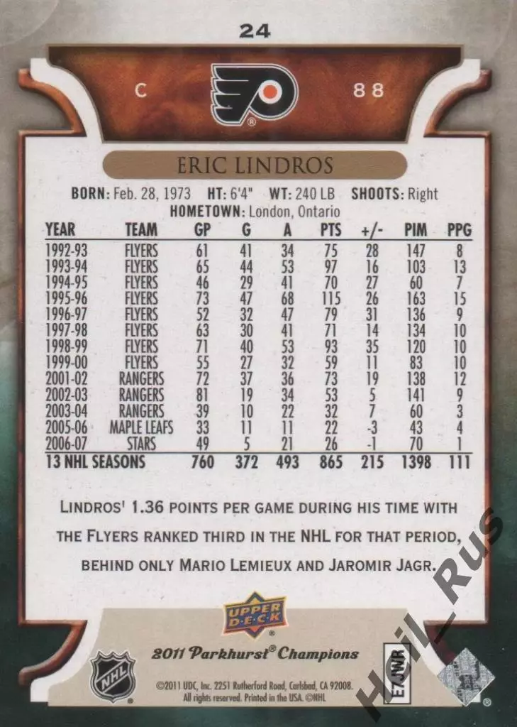 Карточка Eric Lindros/Эрик Линдрос (Philadelphia Flyers/Филадельфия) НХЛ/NHL 1