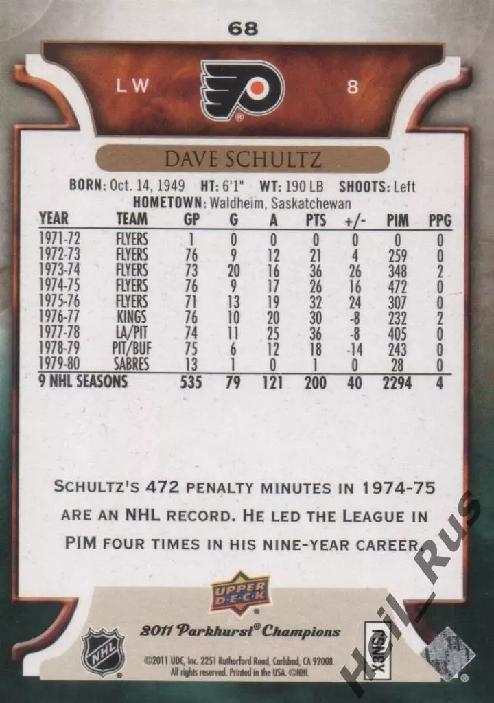 Хоккей. Карточка Dave Schultz/Дэйв Шульц Philadelphia Flyers/Филадельфия НХЛ/NHL 1