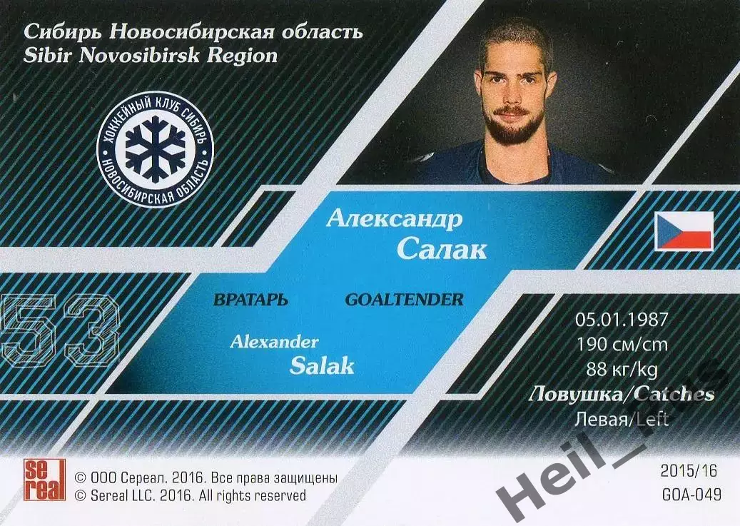 Хоккей. Карточка Александр Салак Сибирь Новосибирск КХЛ/KHL сезон 2015/16 SeReal 1