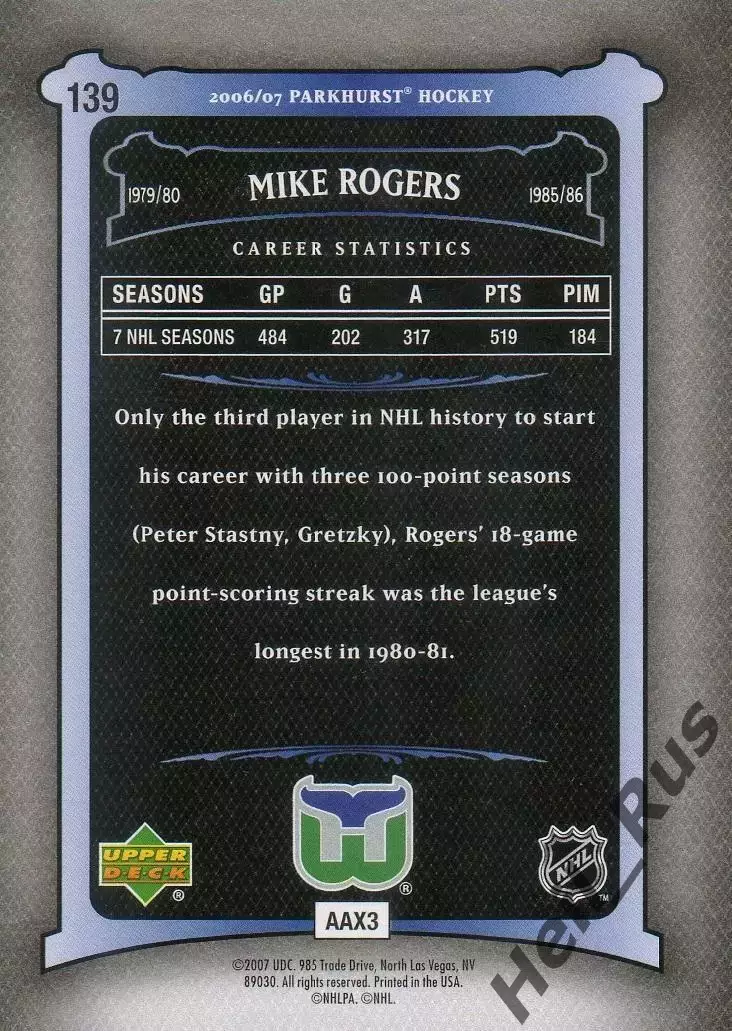 Карточка Mike Rogers/Майк Роджерс (Hartford Whalers/Хартфорд Уэйлерс) НХЛ/NHL 1