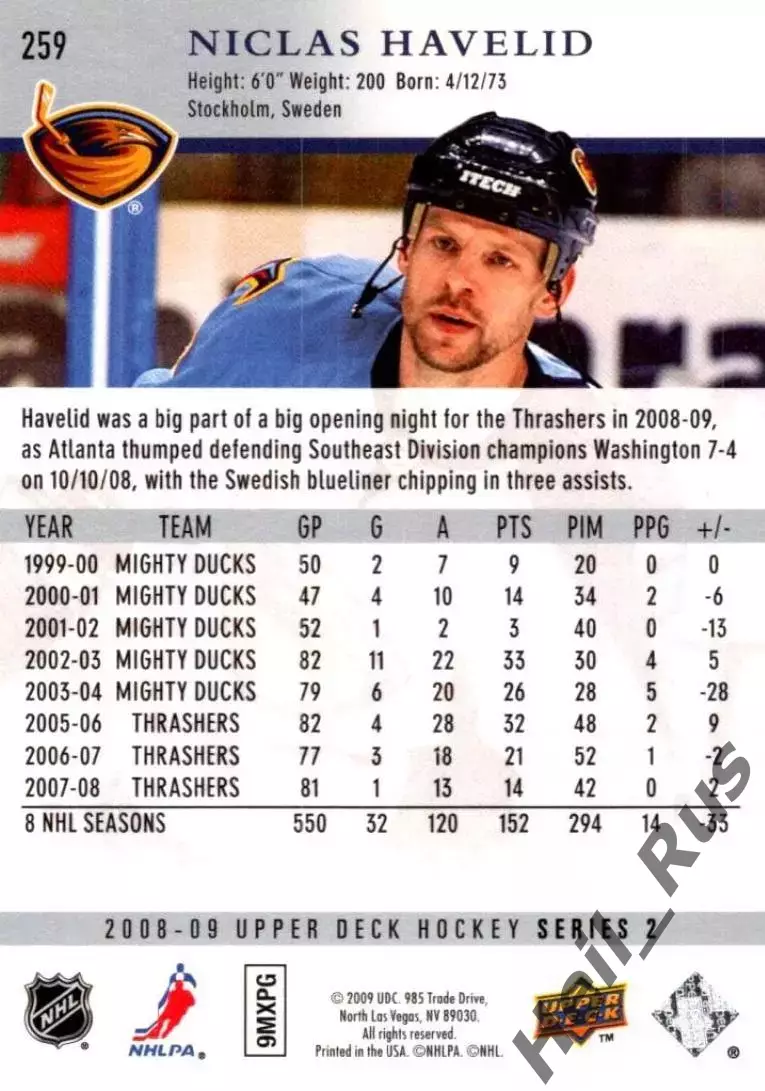Хоккей. Карточка Niclas Havelid/Никлас Хавелид Atlanta Thrashers/Атланта НХЛ/NHL 1
