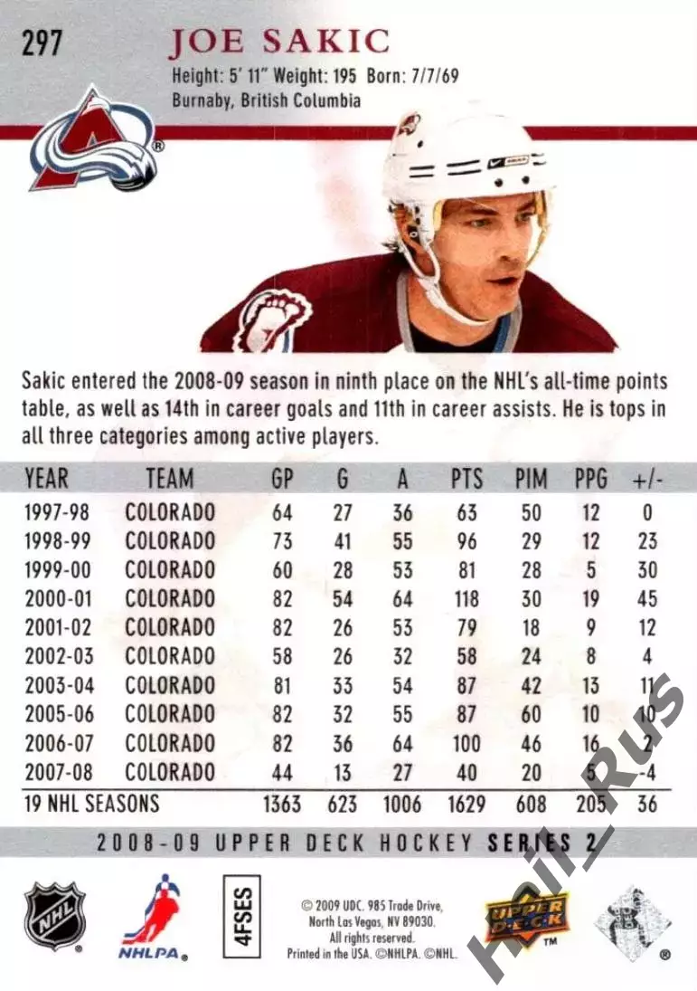 Хоккей Карточка Joe Sakic/Джо Сакик Colorado Avalanche/Колорадо Эвеланш НХЛ/NHL 1