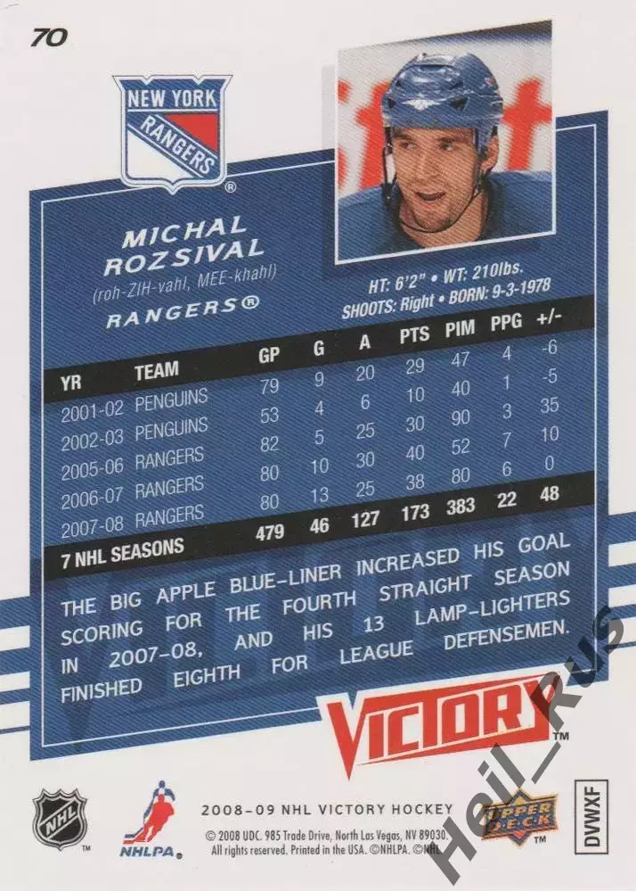 Хоккей Карточка Michal Rozsival/Михал Розсивал New York Rangers/Нью-Йорк NHL/НХЛ 1