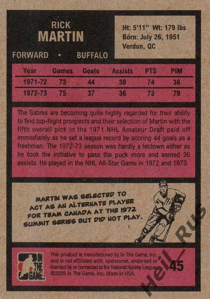 Хоккей. Карточка Rick Martin/Рик Мартин (Buffalo Sabres/Баффало Сейбрз) НХЛ/NHL 1