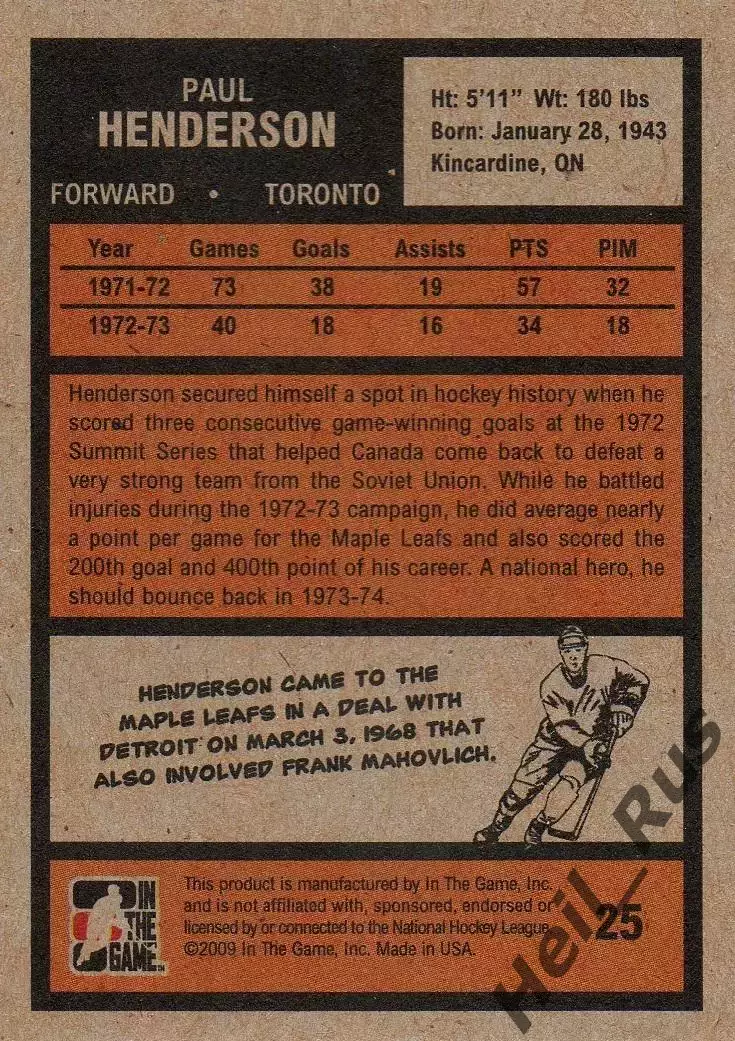 Хоккей Карточка Paul Henderson/Пол Хендерсон Toronto Maple Leafs/Торонто НХЛ/NHL 1