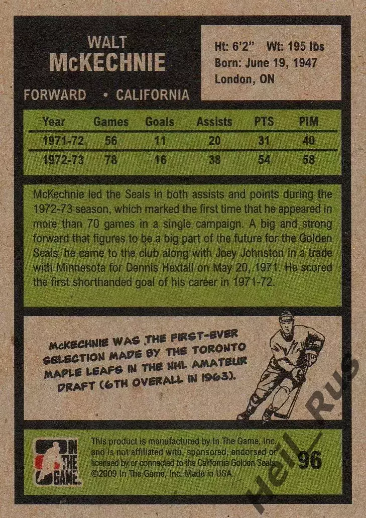 Карточка Walt McKechnie/Уолт Маккечни California Golden Seals/Калифорния НХЛ/NHL 1