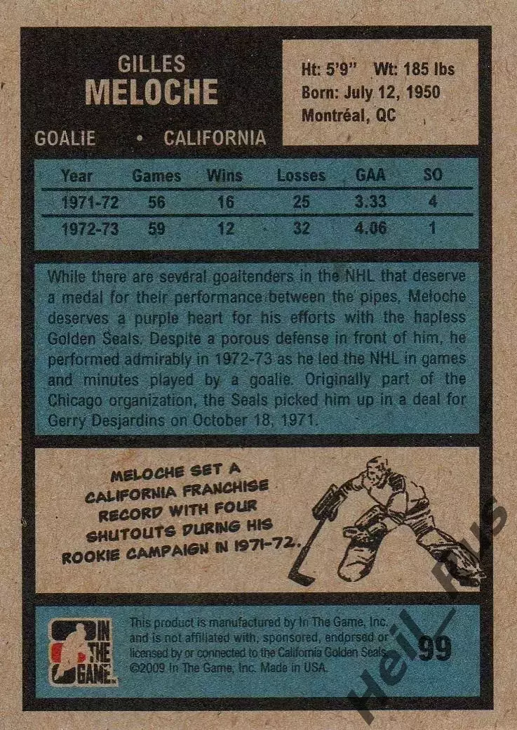 Карточка Gilles Meloche/Жиль Мелош (California Golden Seals/Калифорния) НХЛ/NHL 1