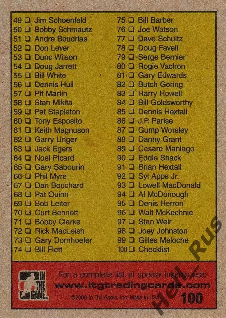 Карточка Checklist/Чеклист, 2009 In The Game 1972 The Year in Hockey НХЛ/NHL 1