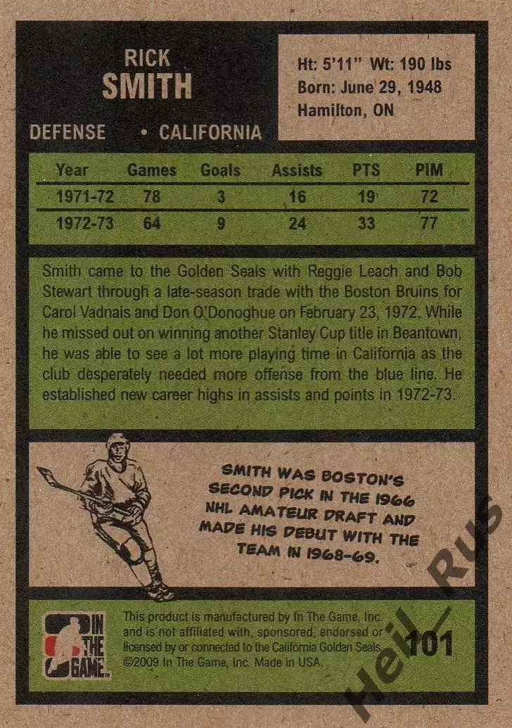 Хоккей. Карточка Rick Smith/Рик Смит California Golden Seals/Калифорния НХЛ/NHL 1
