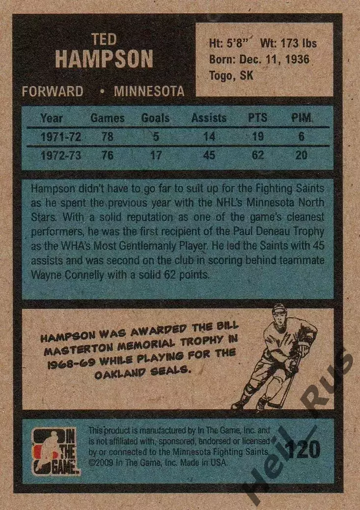 Карточка Ted Hampson/Тед Хэмпсон Minnesota Fighting Saints/Миннесота WHA/ВХА НХЛ 1