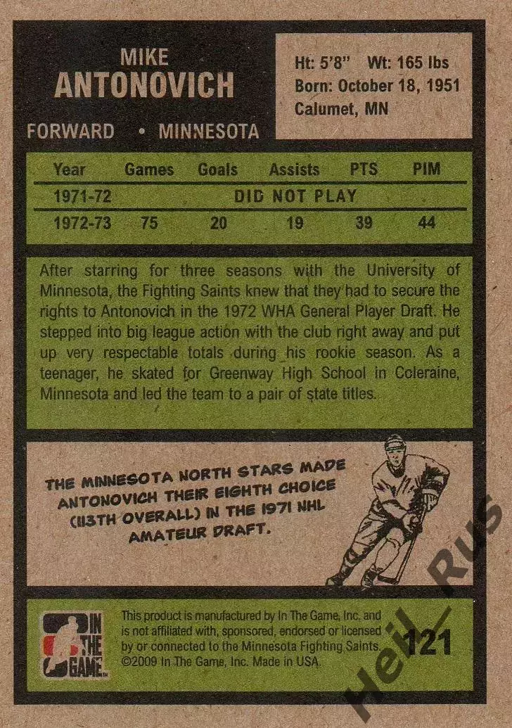 Карточка Antonovich/Майк Антонович Minnesota Fighting Saints/Миннесота ВХА, НХЛ 1