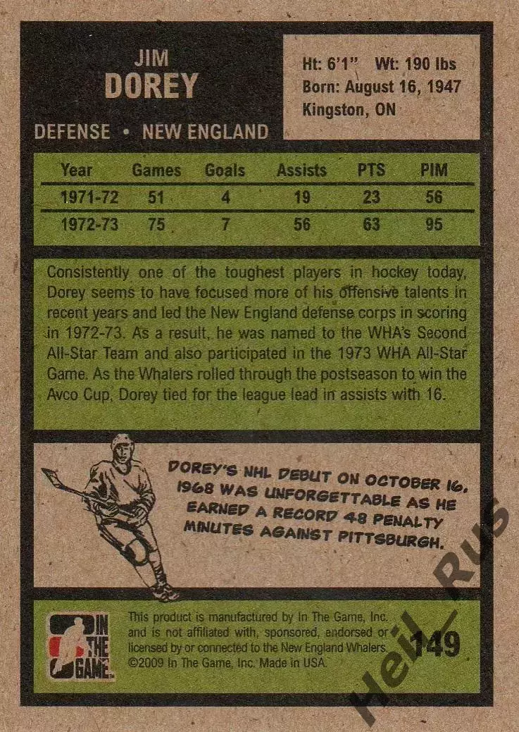 Карточка Jim Dorey/Джим Дори (New England Whalers/Нью-Инглэнд) WHA/ВХА, NHL/НХЛ 1