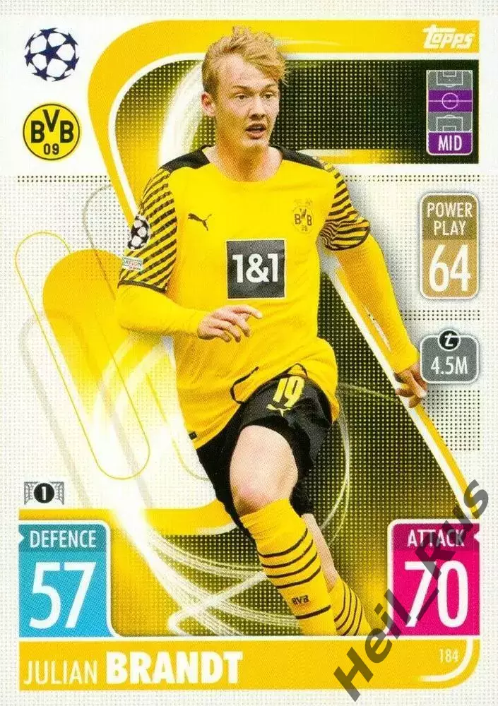 Футбол. Карточка Юлиан Брандт Боруссия Дортмунд, Байер 04 Лига Чемпионов 2021-22