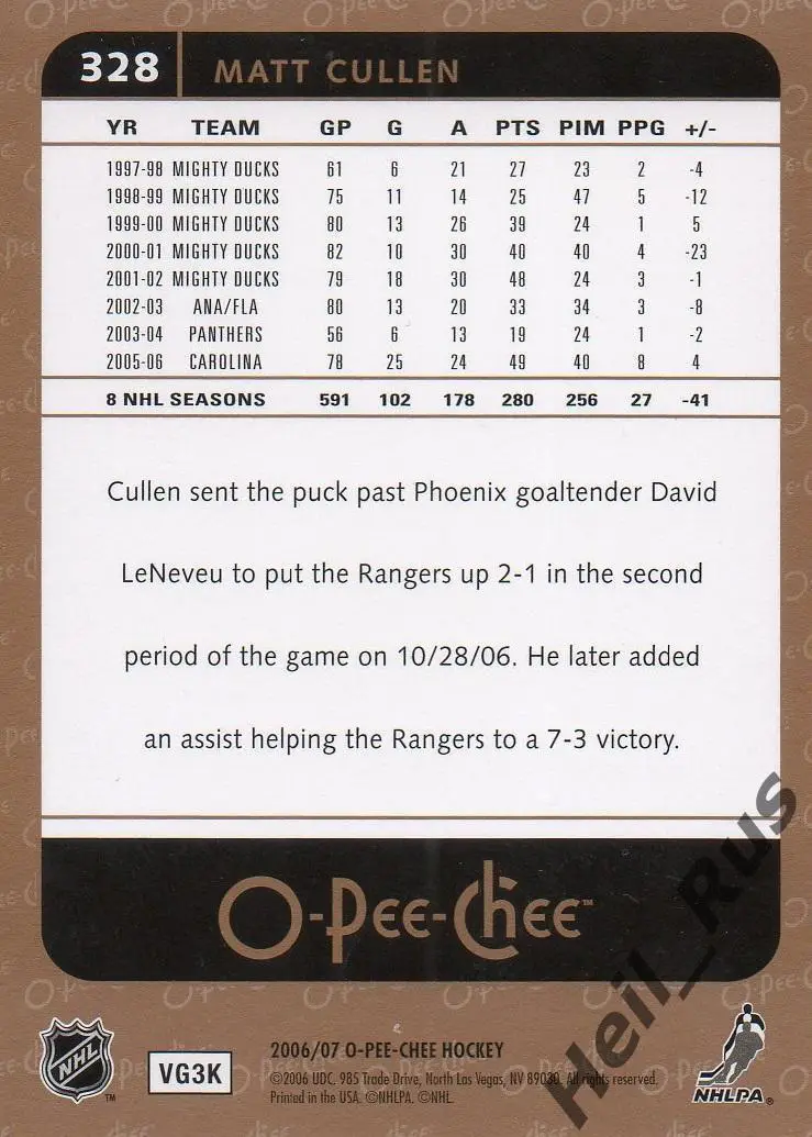 Карточка Matt Cullen/Мэтт Каллен (New York Rangers/Нью-Йорк Рейнджерс) НХЛ/NHL 1