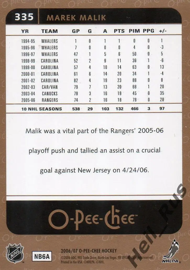 Карточка Marek Malik/Марек Малик (New York Rangers/Нью-Йорк Рейнджерс) НХЛ/NHL 1