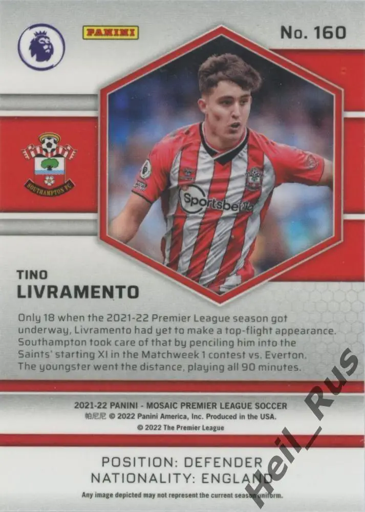 Футбол. Карточка Тино Ливраменто Саутгемптон, Ньюкасл Юнайтед АПЛ 2021-22 Panini 1