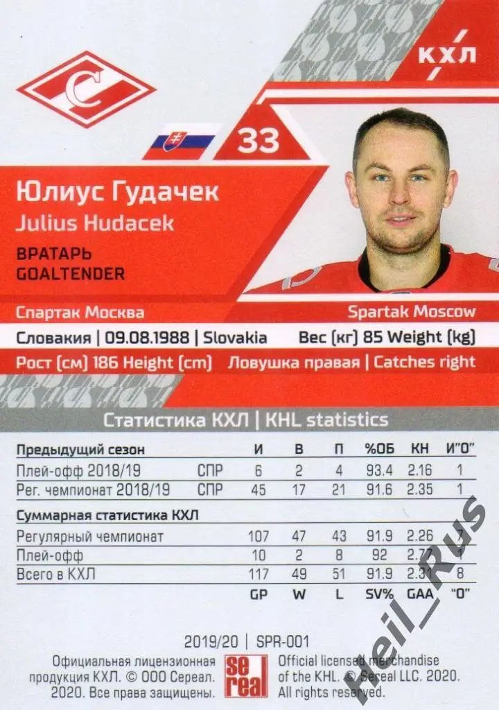 Хоккей. Карточка Юлиус Гудачек (Спартак Москва) КХЛ/KHL сезон 2019/20 SeReal 1