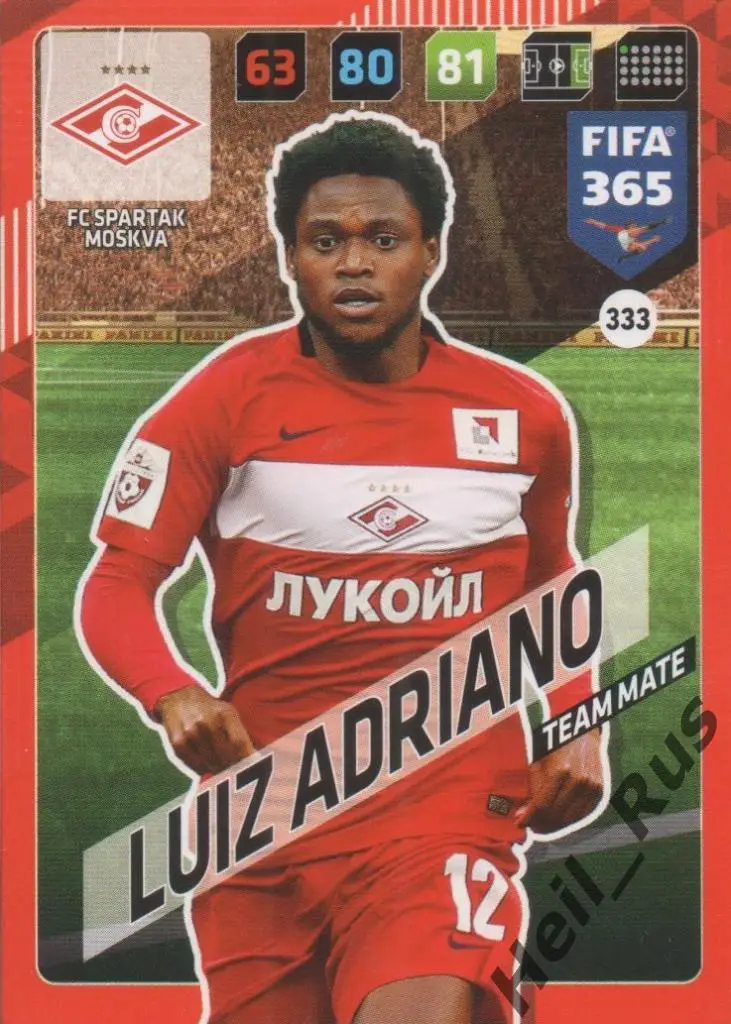 Футбол Карточка Луис Адриано Спартак Москва, Шахтер Донецк, Милан Panini 2017-18