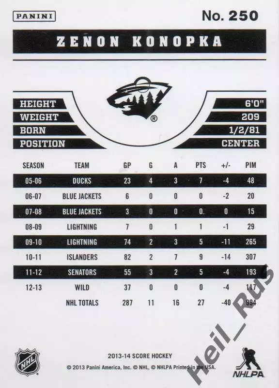 Карточка Zenon Konopka/Зенон Конопка (Minnesota Wild/Миннесота Уайлд) НХЛ/NHL 1