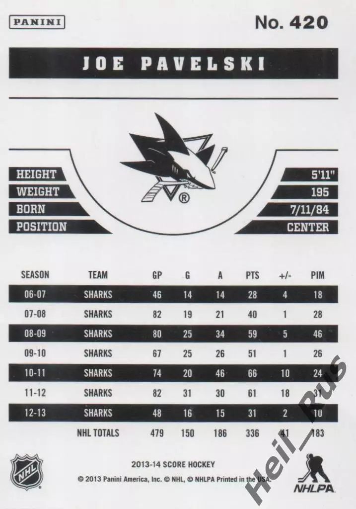 Карточка Джо Павелски San Jose Sharks/Сан-Хосе Шаркс, Динамо Минск НХЛ/NHL, КХЛ 1