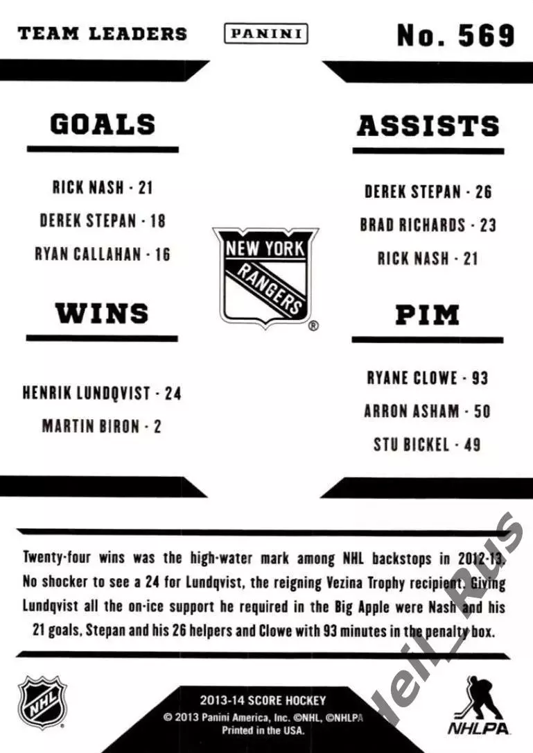 Рик Нэш/Хенрик Лундквист/Дерек Степан/Райан Клоу (Нью-Йорк Рейнджерс) НХЛ/NHL 1