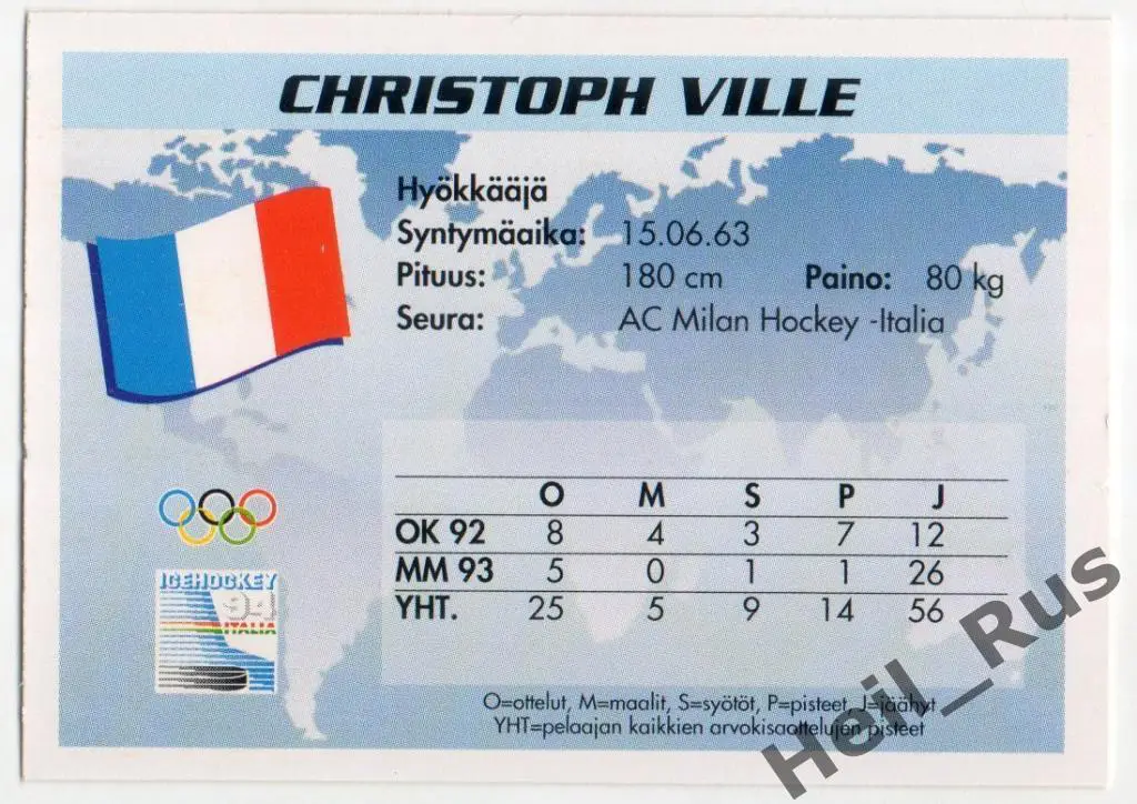 Хоккей. Карточка Christoph Ville / Кристоф Вилль (Team France / Франция) 1994 1