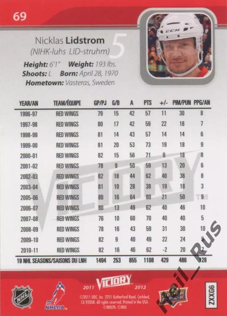 Карточка Nicklas Lidstrom / Никлас Лидстрем (Detroit Red Wings/Детройт) НХЛ/NHL 1