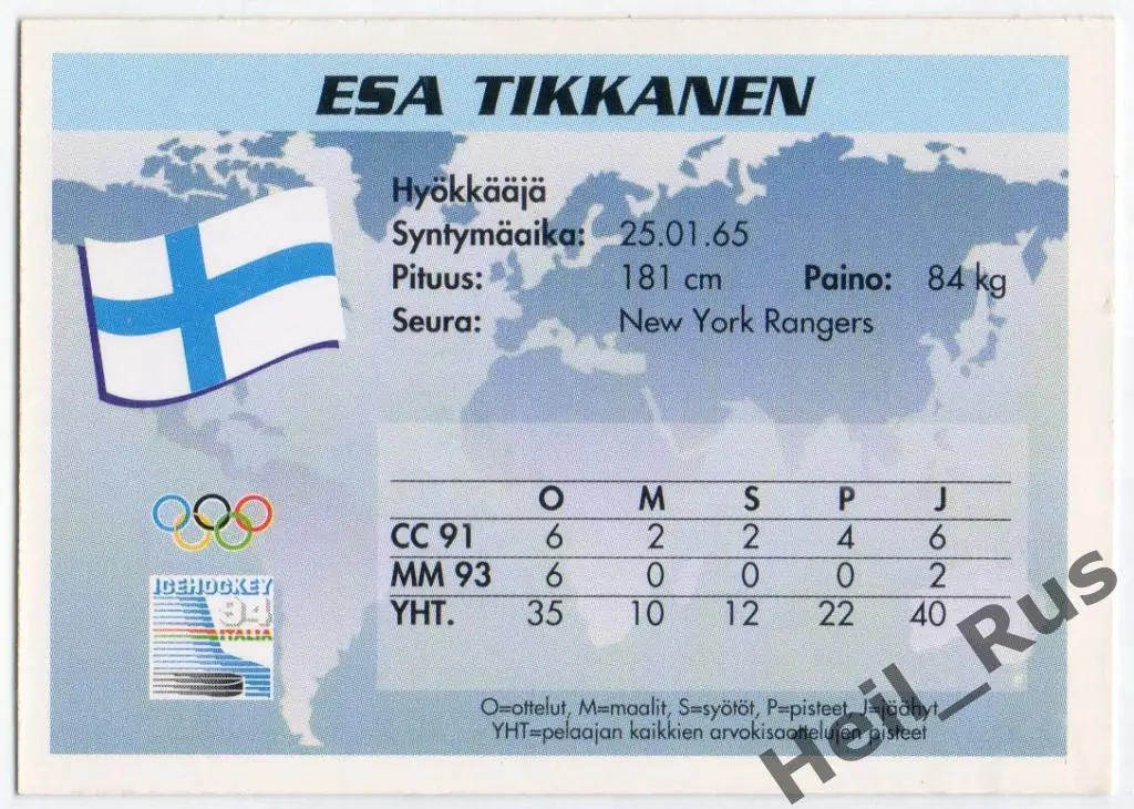 Хоккей. Карточка Esa Tikkanen / Эса Тикканен (Финляндия, New York Rangers) 1994 1