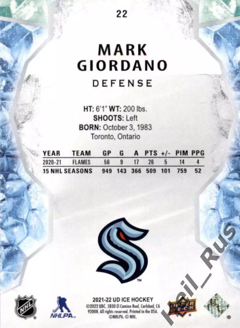 Карточка Mark Giordano/Марк Джиордано Seattle Kraken/Сиэтл Динамо Москва NHL/НХЛ 1